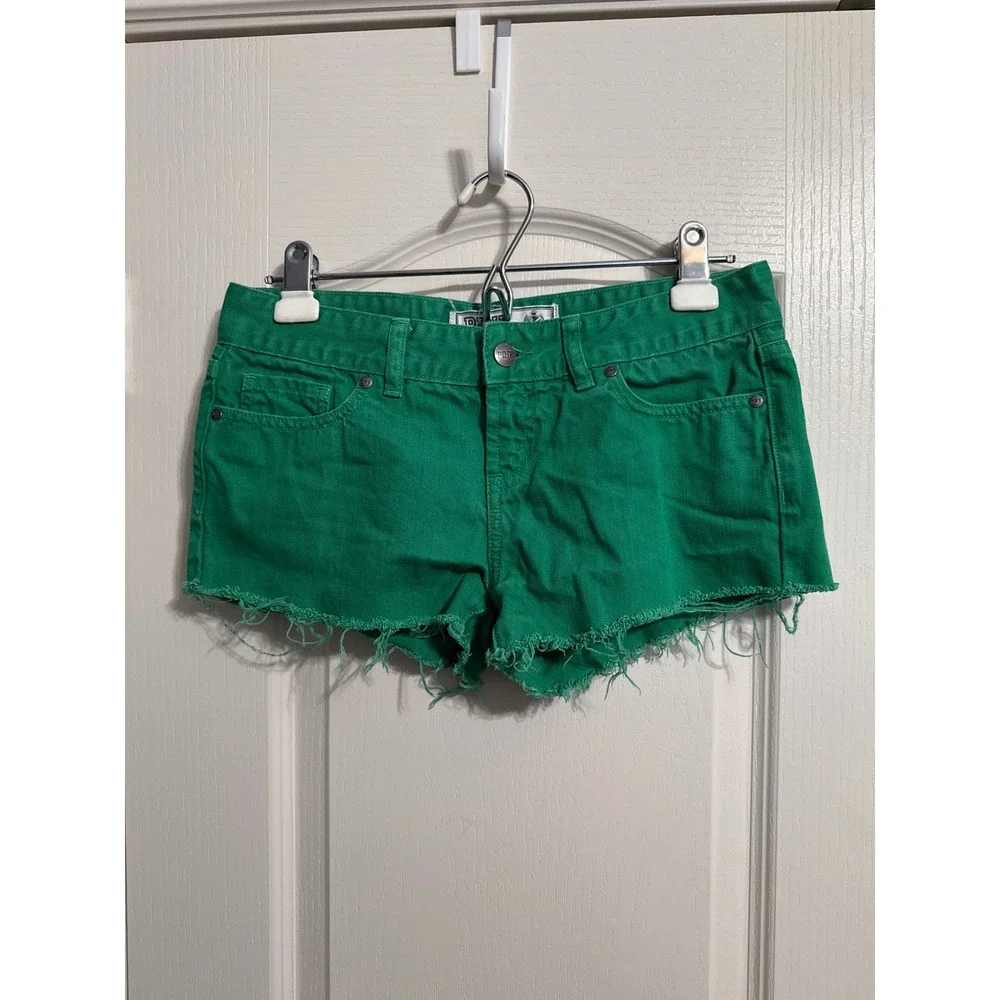 PINK Victoria's Secret Green Denim Y2K Cutoff Mini Shorts Raw Hem Preppy Summer